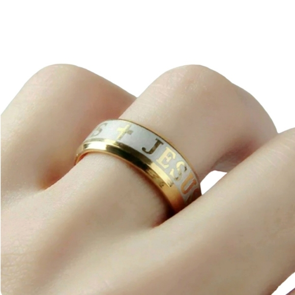 Gold Stainless Steel JESUS Insignia Emblem Embossed Engraved 8mm 8mm Band Ring - Picture 7 of 16